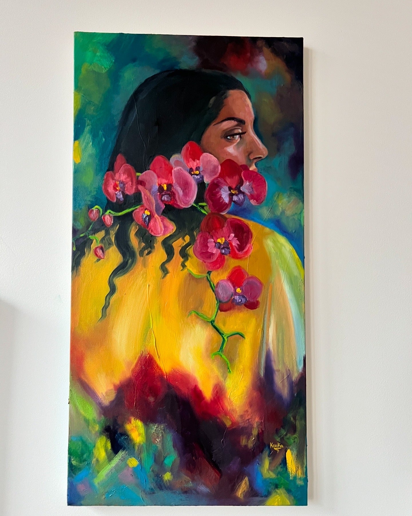 Handmade oil painting with orchids and vibrant background